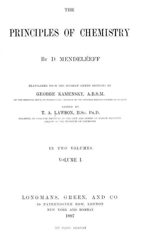 The Principles of Chemistry, Volume I The Principles of Chemistry, Volume I