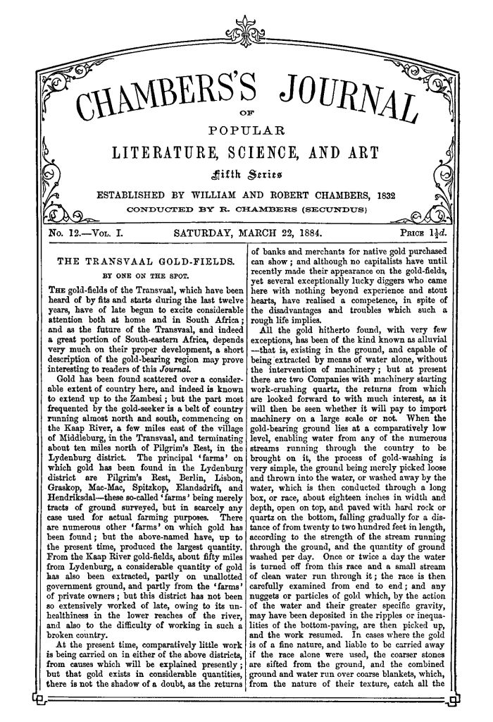 Chambers'ın Halk Edebiyatı, Bilim ve Sanat Dergisi, Beşinci Seri, No. 12, Cilt I, 22 Mart 1884
