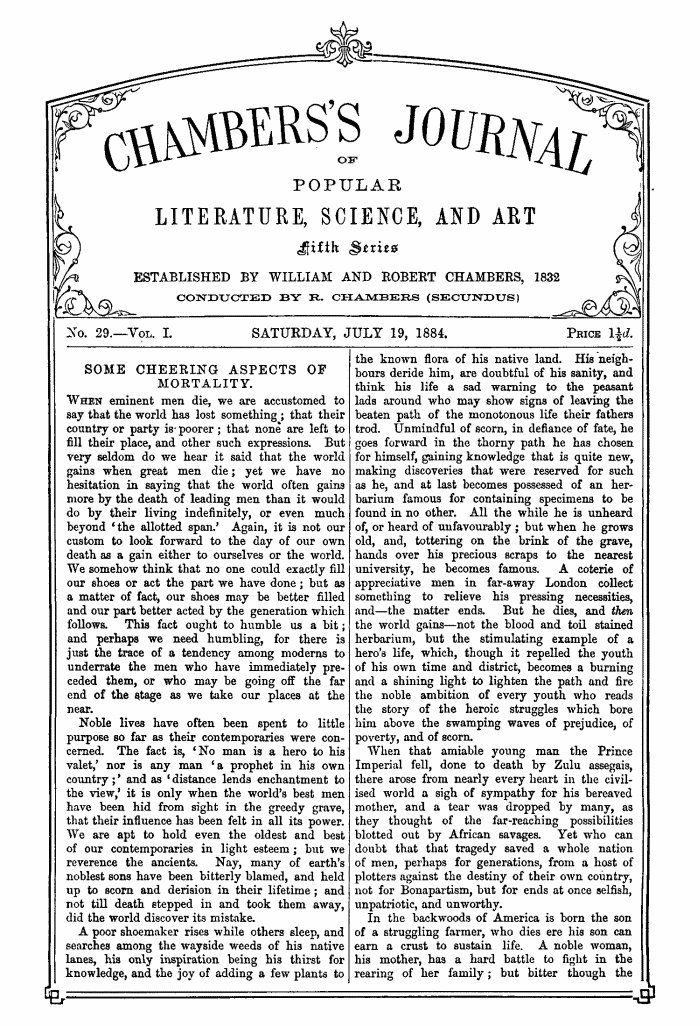 Chambers's Journal of Popular Literature, Science, and Art, Fifth Series, No. 29, Vol. I, July 19, 1884 Chambers's Journal of Popular Literature, Science, and Art, Fifth Series, No. 29, Vol. I, July 19, 1884