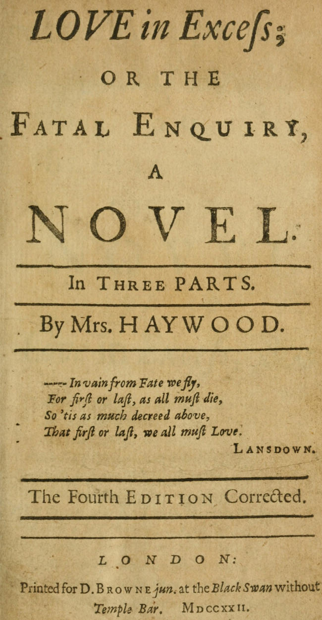 Love in Excess; or, the Fatal Enquiry
A Novel in Three Parts