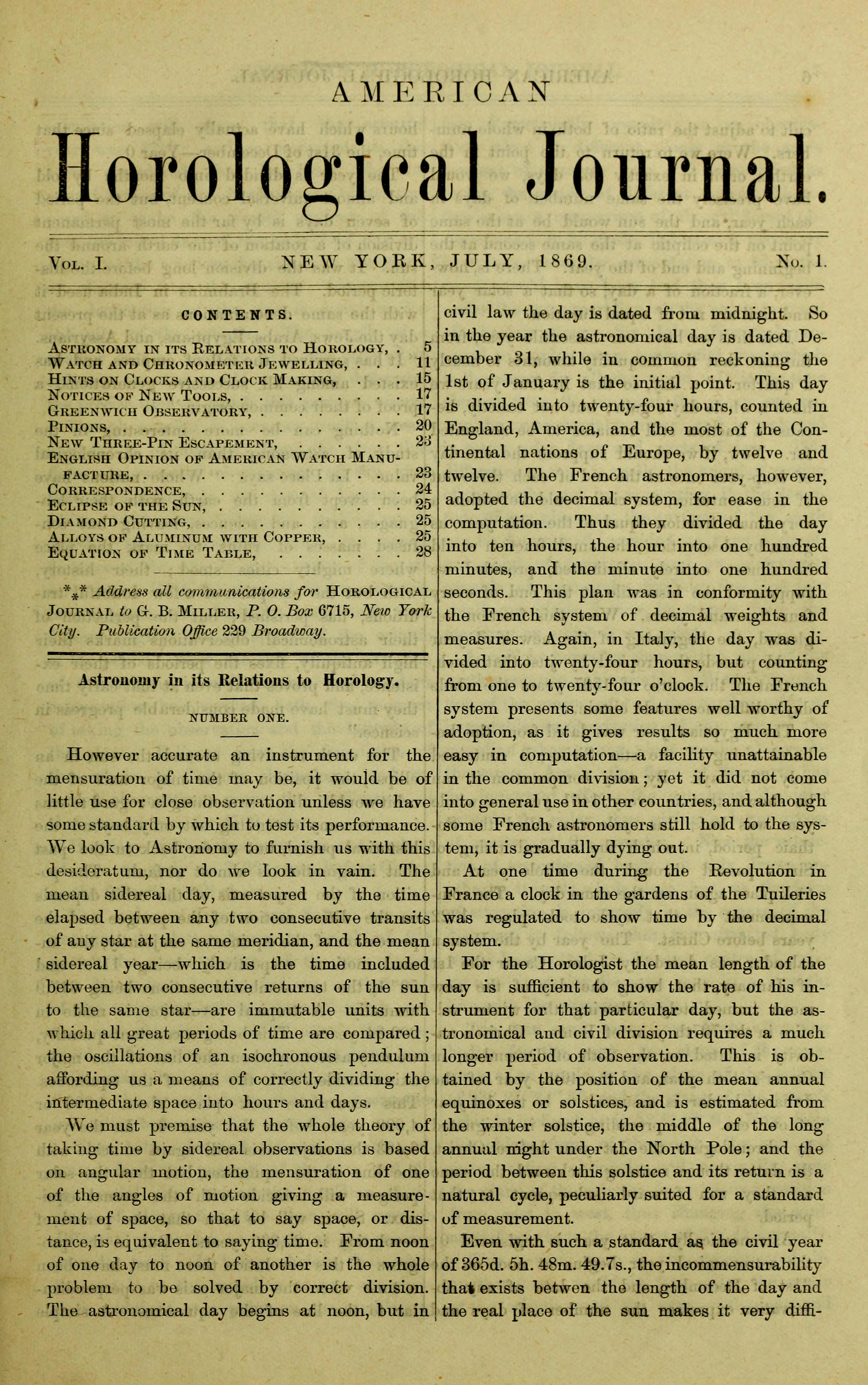 American Horological Journal, Vol. I, No. 1, July 1869: Devoted to Pratical Horology American Horological Journal, Vol. I, No. 1, July 1869: Devoted to Pratical Horology