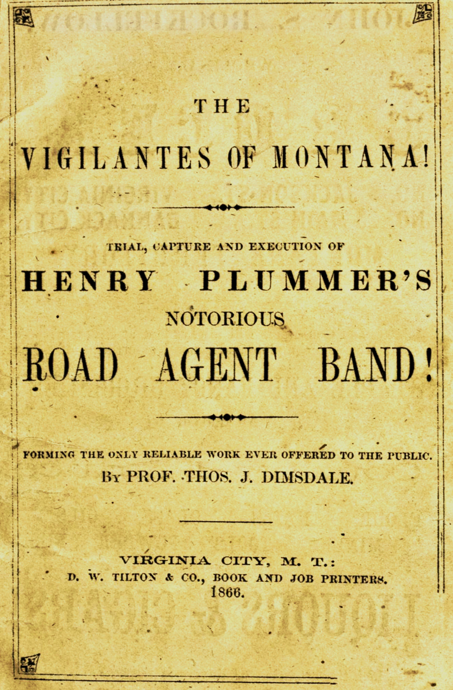 The vigilantes of Montana; Or, popular justice in the Rocky Mountains
Being a correct and impartial narrative of the chase, trial, capture and execution of Henry Plummer's road agent band, together with accounts of the lives and crimes of many of the robbers and desperadoes, the whole being interspersed with sketches of life in the mining camps of the "Far West"
