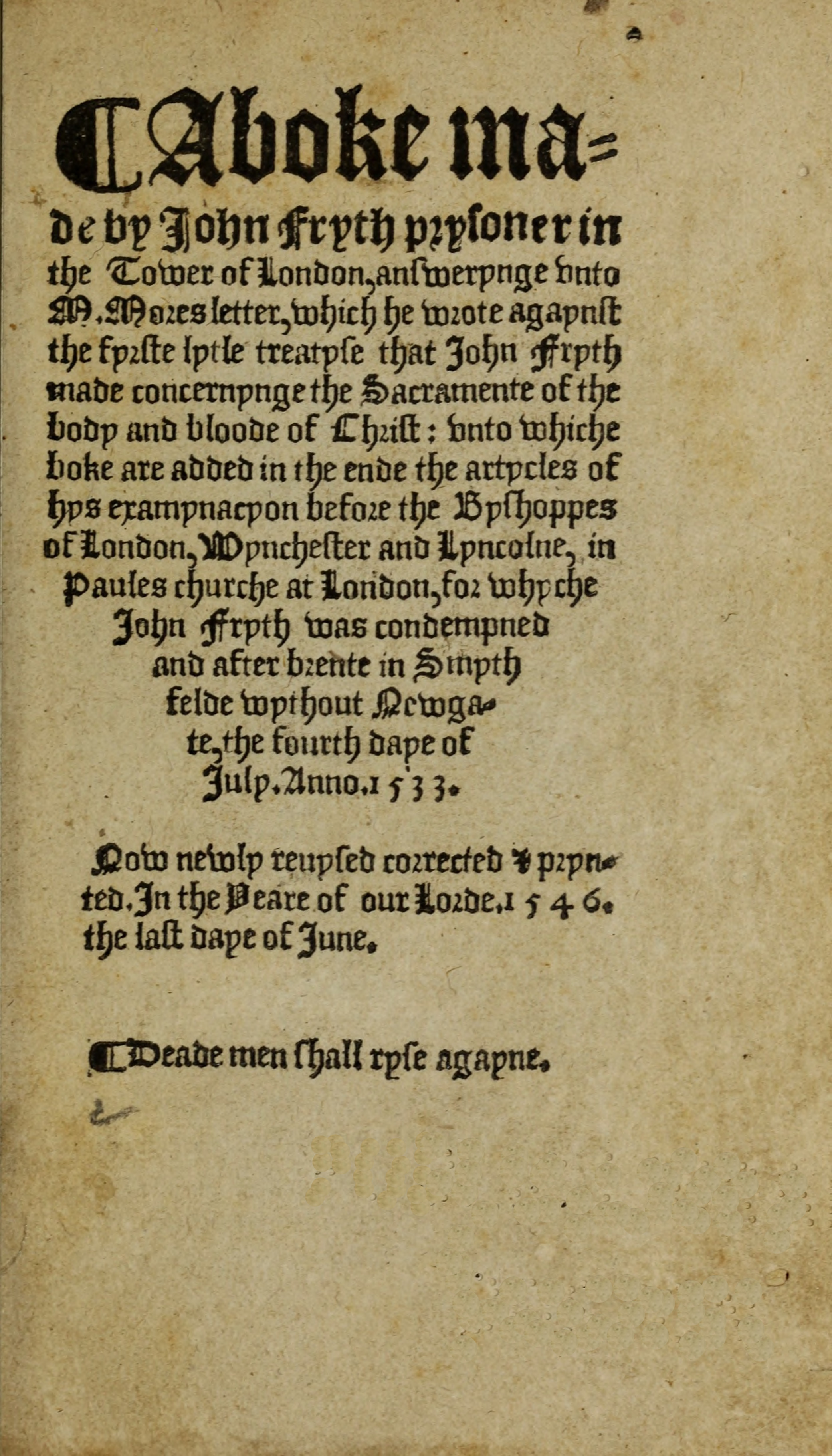 A boke made by John Fryth, prysoner in the Tower of London answerynge unto M. Mores letter, which he wrote agaynst the fyrste lytle treatyse that John Fryth made, concernynge the sacramente of the body and bloude of Christ A boke made by John Fryth, prysoner in the Tower of London answerynge unto M. Mores letter, which he wrote agaynst the fyrste lytle treatyse that John Fryth made, concernynge the sacramente of the body and bloude of Christ